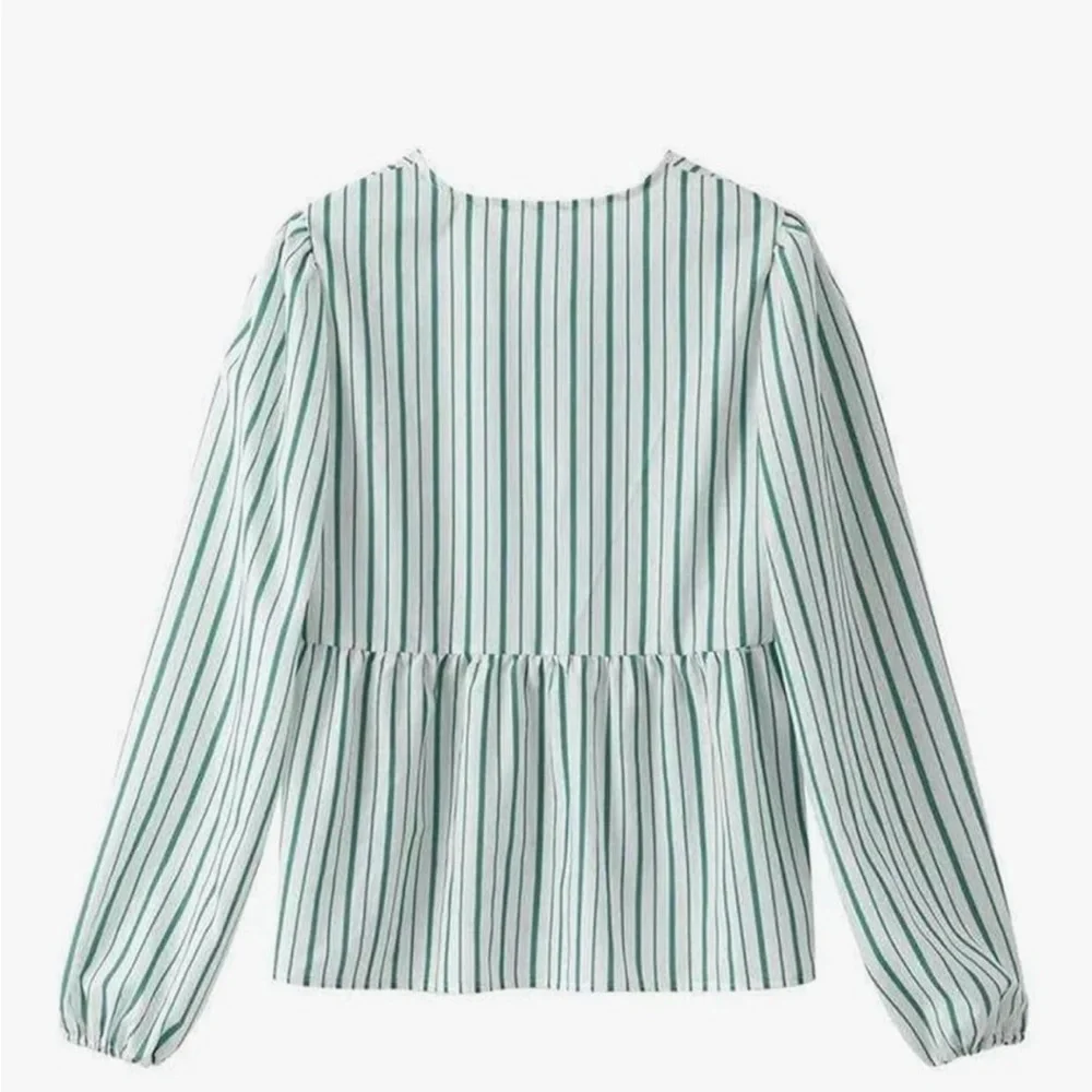 Green Striped Women's bow tie front  Top - Picture 2 of 8